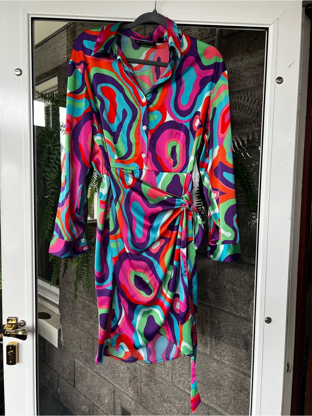 New York & Company Purple Multicolor Swirl Long-Sleeve Mini Wrap Dress